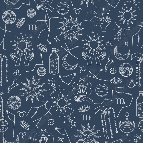 Vector seamless astrological pattern with planets and constellations.