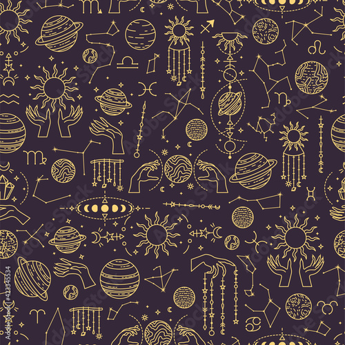 Vector seamless astrological pattern with planets and constellations.