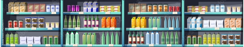 Big seamless collection of vector cartoon style supermarket shelves with products, food, drinks. Big seamless collection of vector cartoon style supermarket shelves with products, food, drinks.
