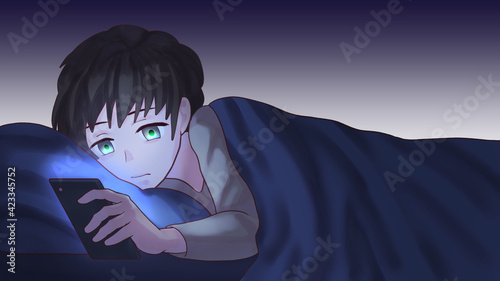 夜に布団で寝る前スマホをする人物のイラスト