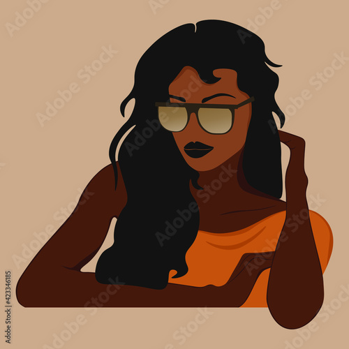 Young African American woman with black curly hair. Vector illustration.