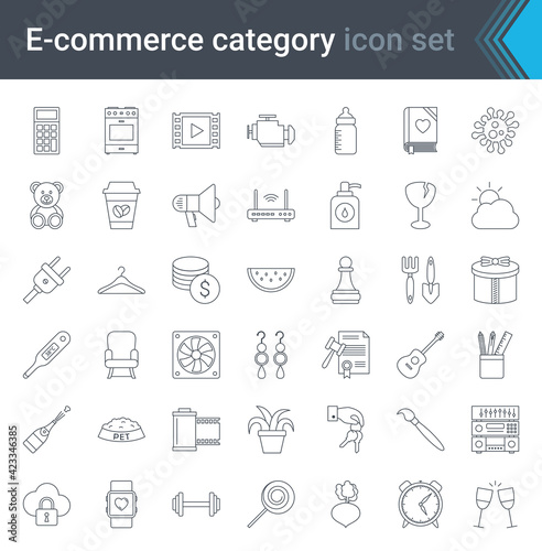 Shop category outline icons set. Shopping and e-commerce thin line icons