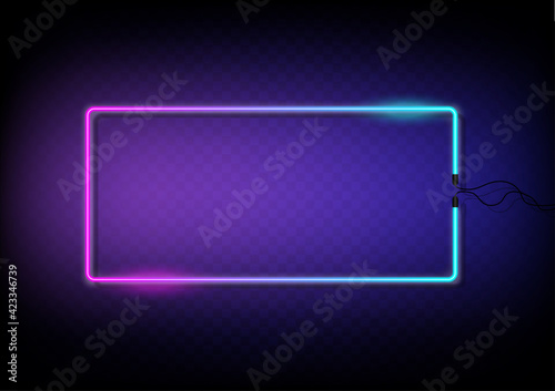 Neon color light frame. Retro rectangle fluorescent for wall frame with electric wire. Object on transparent background vector. Neon line in graphic style.