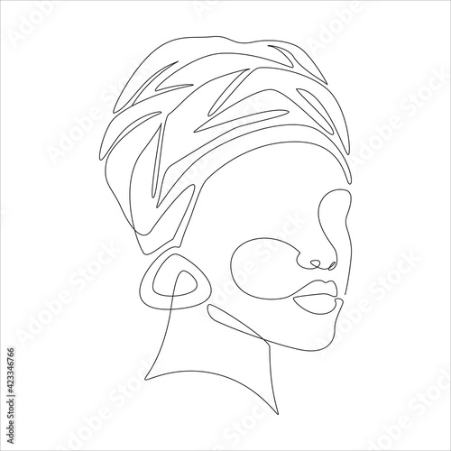 Line art portrait of African American woman in turban. Continuous one line drawing woman face with hairdress for logo, banner, print, tattoo, poster. Vector illustration