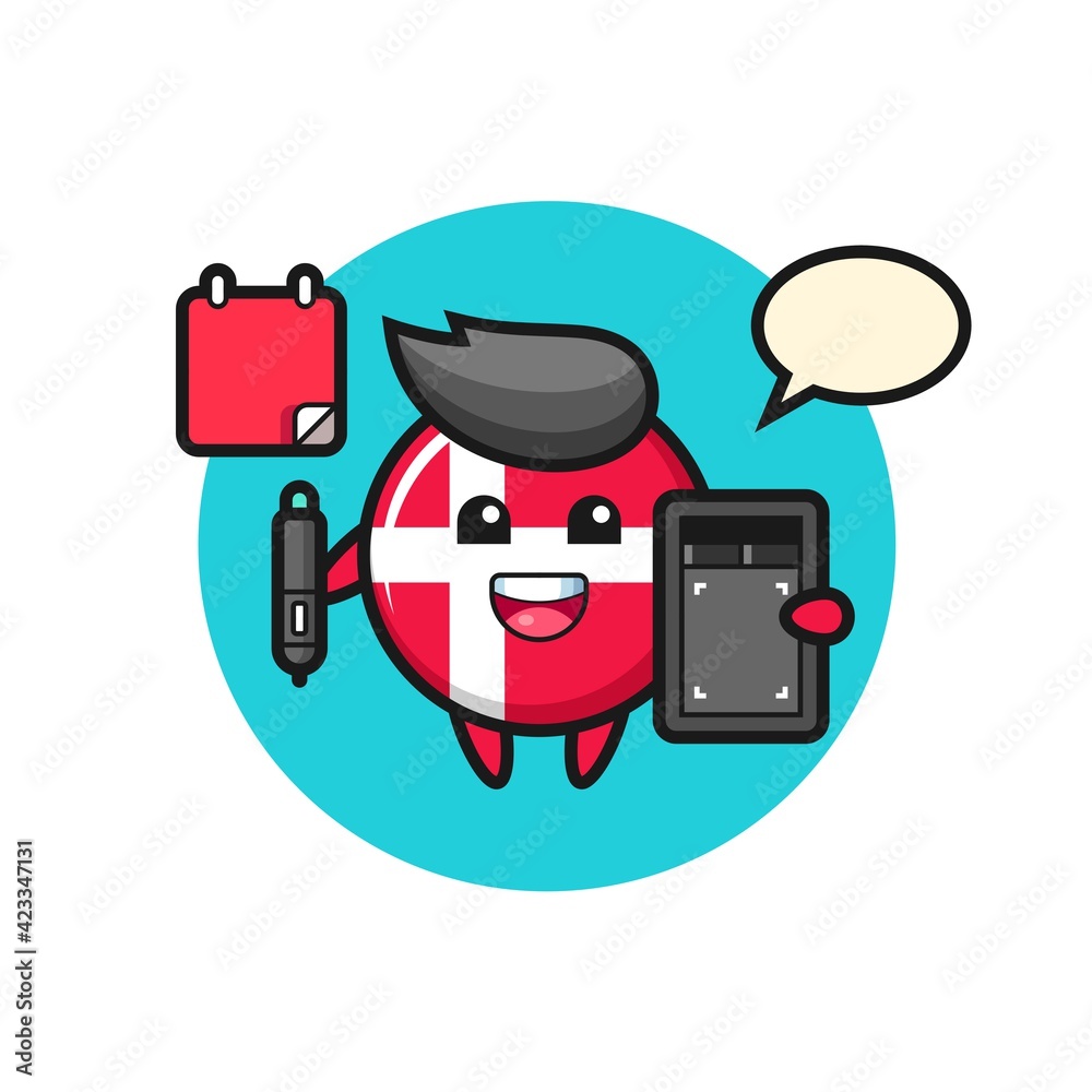 Illustration of denmark flag badge mascot as a graphic designer Illustration of denmark flag badge mascot as a graphic designer