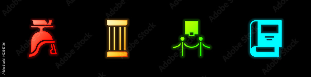 Set Roman army helmet, Ancient column, Picture and rope barrier and History book icon. Vector Set Roman army helmet, Ancient column, Picture and rope barrier and History book icon. Vector