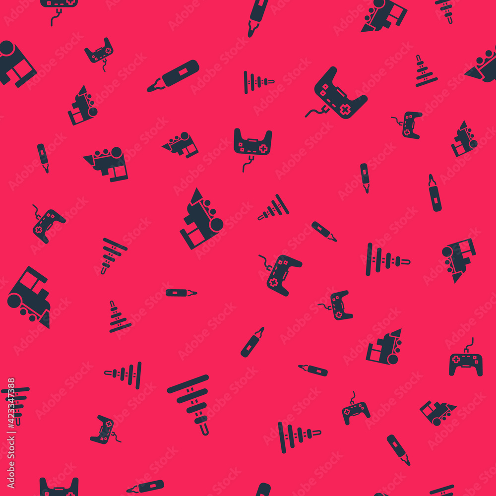 Set Pyramid toy, Marker pen, Toy train and Gamepad on seamless pattern. Vector Set Pyramid toy, Marker pen, Toy train and Gamepad on seamless pattern. Vector