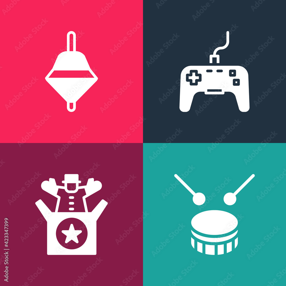 Set pop art Drum with drum sticks, Jack in the box toy, Gamepad and Whirligig icon. Vector