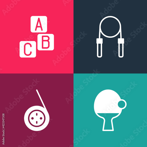 Set pop art Racket and ball, Yoyo toy, Jump rope and ABC blocks icon. Vector