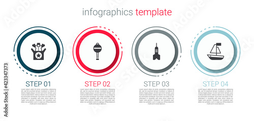 Set Jack in the box toy, Rattle baby, Dart arrow and Toy boat. Business infographic template. Vector