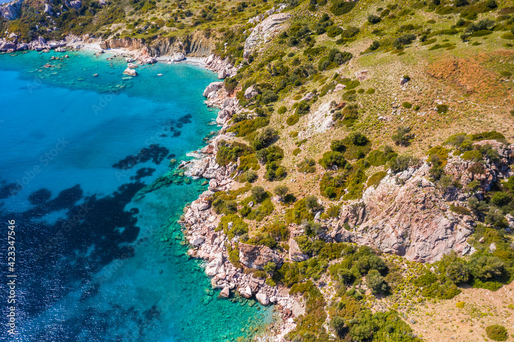 Aerial view of bay Bozukkale, Turkey. Rocky coast of the Aegean sea.