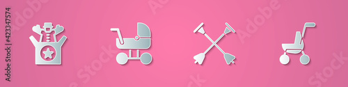Set paper cut Jack in the box toy, Baby stroller, Arrow with sucker tip and icon. Paper art style. Vector