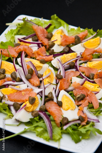Colorful tasty plate of eggs salad with salmon