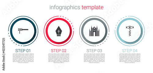 Set Pasta spaghetti, Pope hat, Milan Cathedral and Wine corkscrew. Business infographic template. Vector