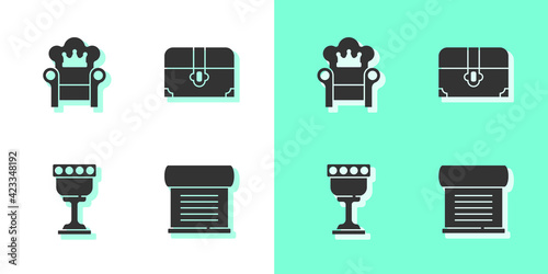 Set Decree, parchment, scroll, Medieval throne, goblet and Antique treasure chest icon. Vector