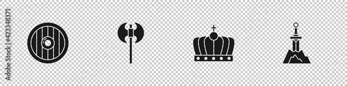 Set Round wooden shield, Medieval axe, King crown and Sword the stone icon. Vector