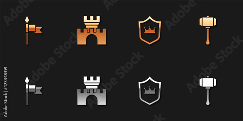 Set Medieval spear, Castle, fortress, Shield with crown and Hammer icon. Vector