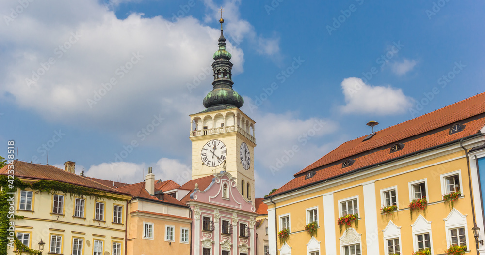 Panorama of colorful houses and church tower in Mikulov, Czech Republic