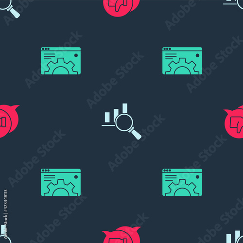 Set Customer product rating, Magnifying glass and analysis and Browser setting on seamless pattern. Vector