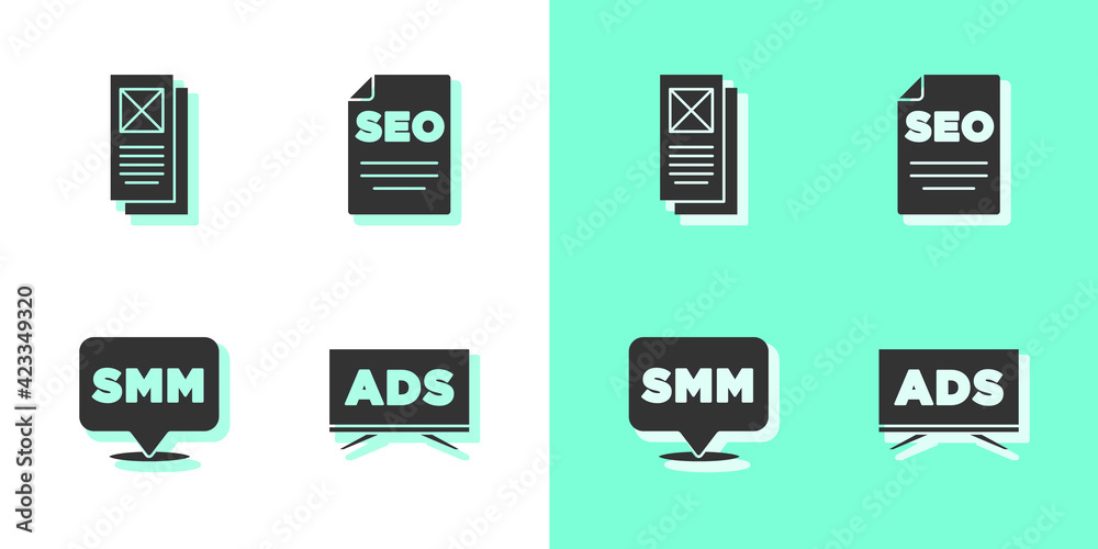 Set Advertising, Browser window, Social media marketing and SEO optimization icon. Vector Set Advertising, Browser window, Social media marketing and SEO optimization icon. Vector