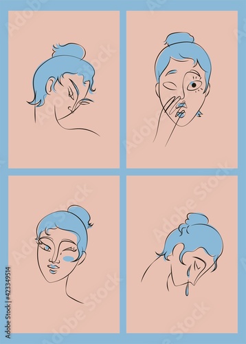 Hand drawn line art sophisticated woman portrait in minimalistic abstract graphic style. Sketch in soft neutral pastel colors. Swarthy Asian woman with a blue bun. Isolated illustration. Clipart set.