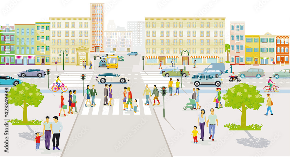 Stadtsilhouette mit Fußgänger und Straßenverkehr, Illustration	