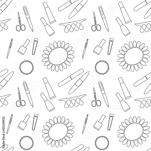 Vector seamless pattern of manicure and pedicure tools on a white background