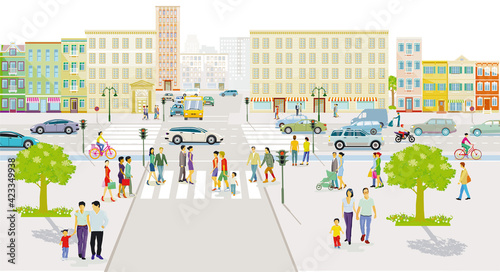 Stadtsilhouette mit Fußgänger und Straßenverkehr, Illustration 