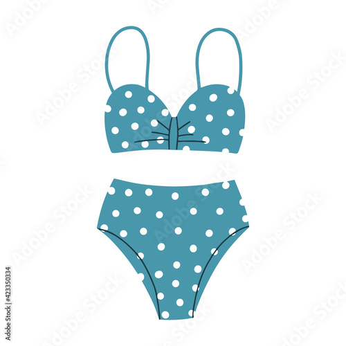 Women's two-piece swimsuit with polka dot print. Retro style swimsuit. Vector Flat Illustration
