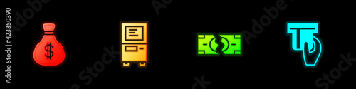 Set Money bag, ATM, Tearing money banknote and Credit card inserted icon. Vector