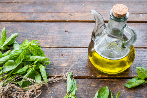 olive oil bottle on wooden table