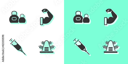 Set Metal rack with weights, Kettlebell, Doping syringe and Bodybuilder muscle icon. Vector