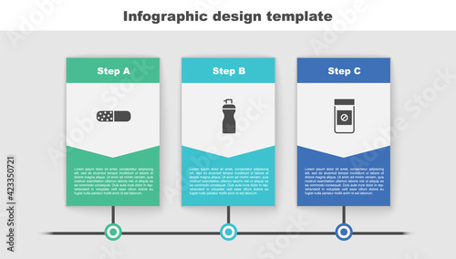 Set Vitamin pill, Fitness shaker and Anabolic drugs. Business infographic template. Vector