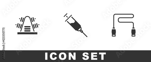 Set Metal rack with weights, Doping syringe and Jump rope icon. Vector