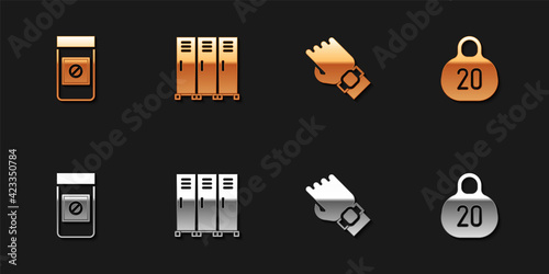 Set Anabolic drugs, Locker or changing room, Smart watch on hand and Kettlebell icon. Vector