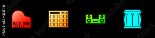 Set Grand piano, Drum machine, Home stereo and icon. Vector
