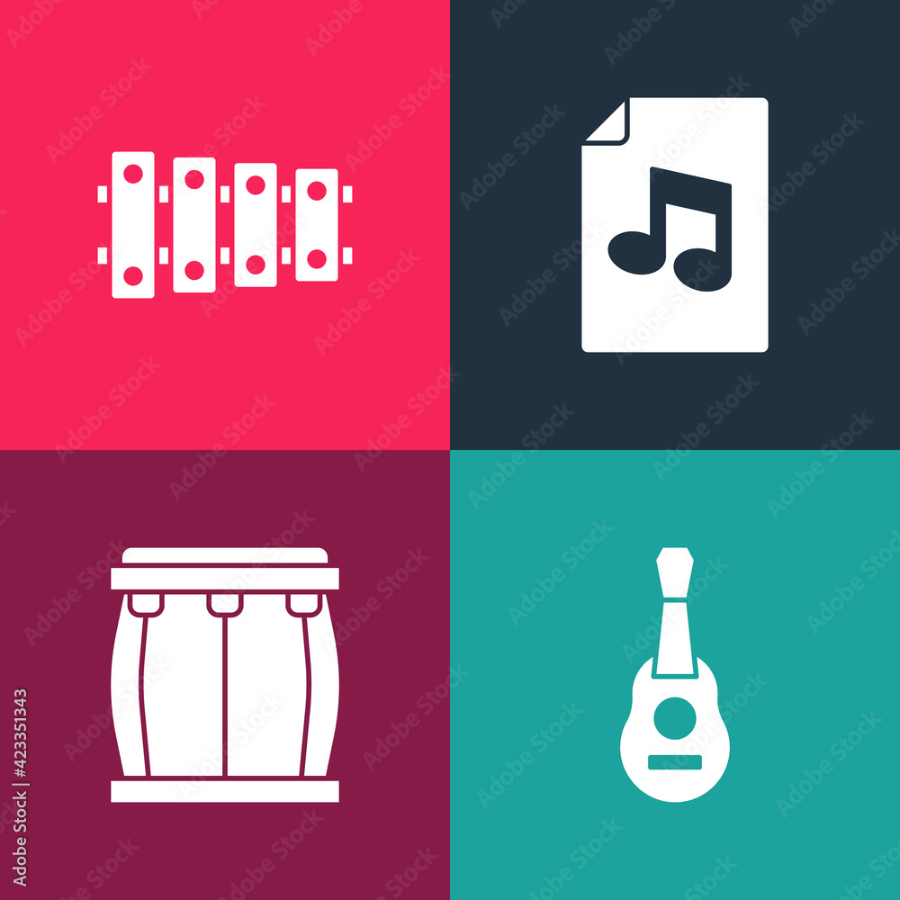 Set pop art Guitar, Drum, Music book with note and Xylophone icon. Vector Set pop art Guitar, Drum, Music book with note and Xylophone icon. Vector