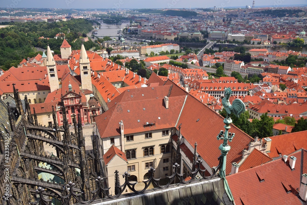 Prague is characteristic with its red rooftops, here shown in summer with blue skies, Central Bohemia, Czech Republic.