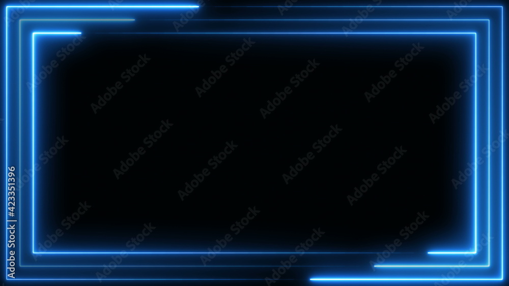 Blue neon frame light line running loop square black overlay, Place it over your footage in add or screen mode or use as background.