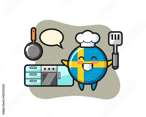 sweden flag badge character illustration as a chef is cooking