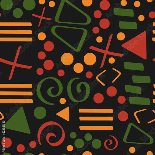 Tribal African ethnic seamless pattern with simple lines and figures in red, yellow and green. Vector traditional black background, textile, paper, fabric. Kwanzaa, Black history month, Juneteenth