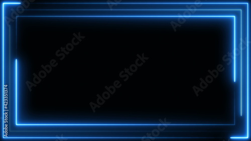 Blue neon frame light line running loop square black overlay, Place it over your footage in add or screen mode or use as background.