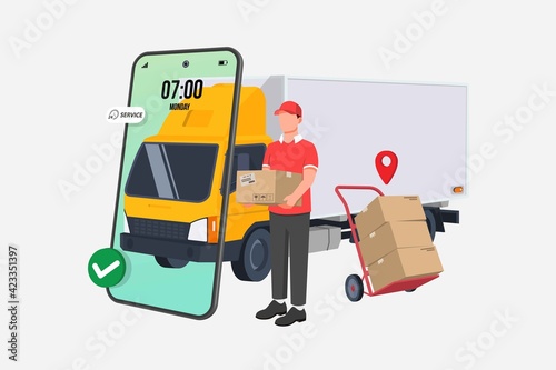 Success Delivery vector illustration. Laptop with open website app for order tracking with map. Fast respond delivery package shipping on mobile. E-store. Isolated on white background