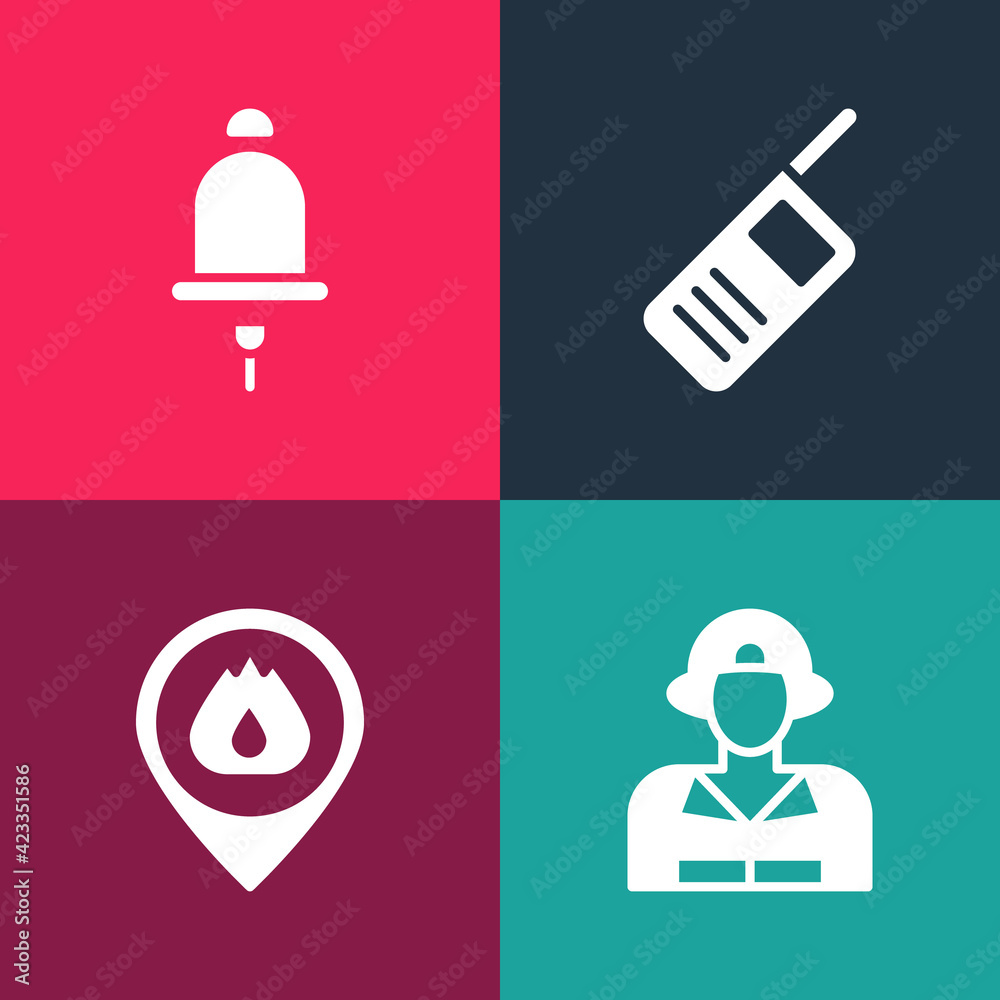 Set pop art Firefighter, Location with fire flame, Walkie talkie and Ringing alarm bell icon. Vector