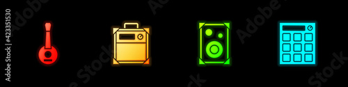 Set Banjo, Guitar amplifier, Stereo speaker and Drum machine icon. Vector