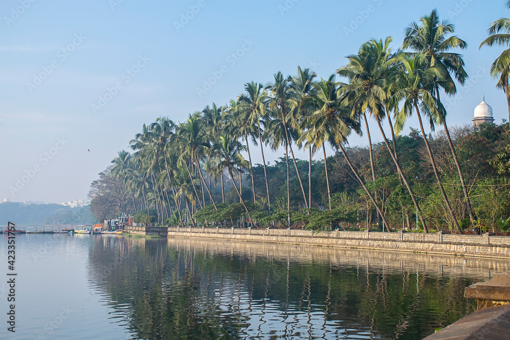 Stock photo of beautiful old rankala lake surrounded by coconut trees and reflected in lake water. Picture captured morning of winter season at kolhapur city Maharashtra India.