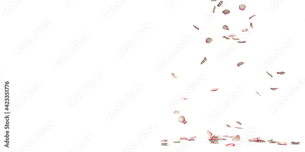 Red rose petals fly from the side and fall to the floor. Banner format. Free space for your ideas, design