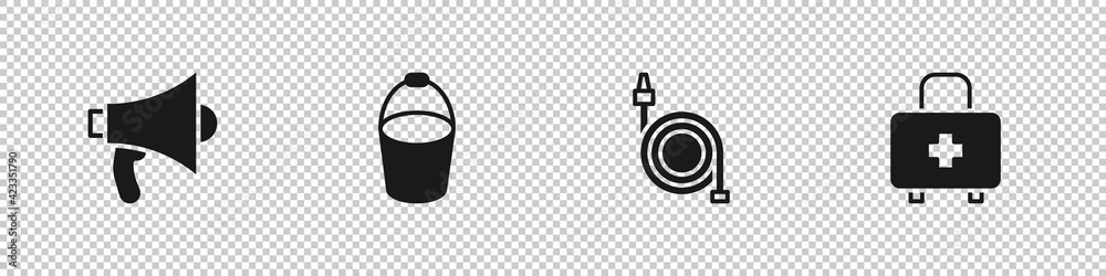 Fototapeta premium Set Megaphone, Fire bucket, hose reel and First aid kit icon. Vector