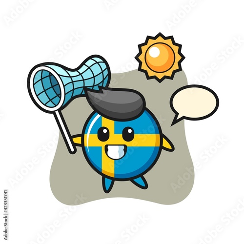 sweden flag badge mascot illustration is catching butterfly