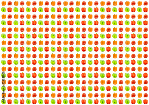set of green, yellow and red peppers vertical row vegetables pattern on a white isolated background